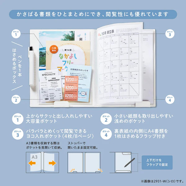 マグネットで貼り付く冷蔵庫ピタッとファイル 書類整理タイプ NO.2931 A4書類 おたより 当番表などを収納 マグネット耐荷重 110gまで ペンを1本はさめるボックス付き キッチン収納 玄関収納 学校プリントを整理する貼るファイル  冷蔵庫ピタっとファイル 2024年9月11日発売