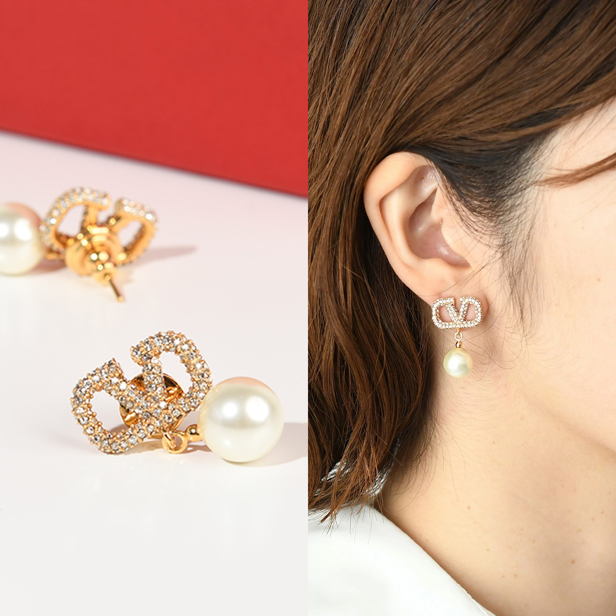 VALENTINO ヴァレンティノ バレンチノ ピアス アクセサリー J0E36 QVS Vロゴ シグネチャー スワロフスキー クリスタル パールピアス レデ